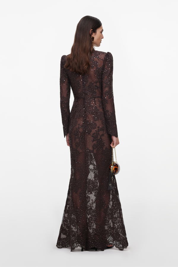 Brown Sequin Lace Maxi Dress