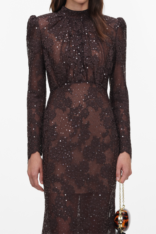 Brown Sequin Lace Maxi Dress