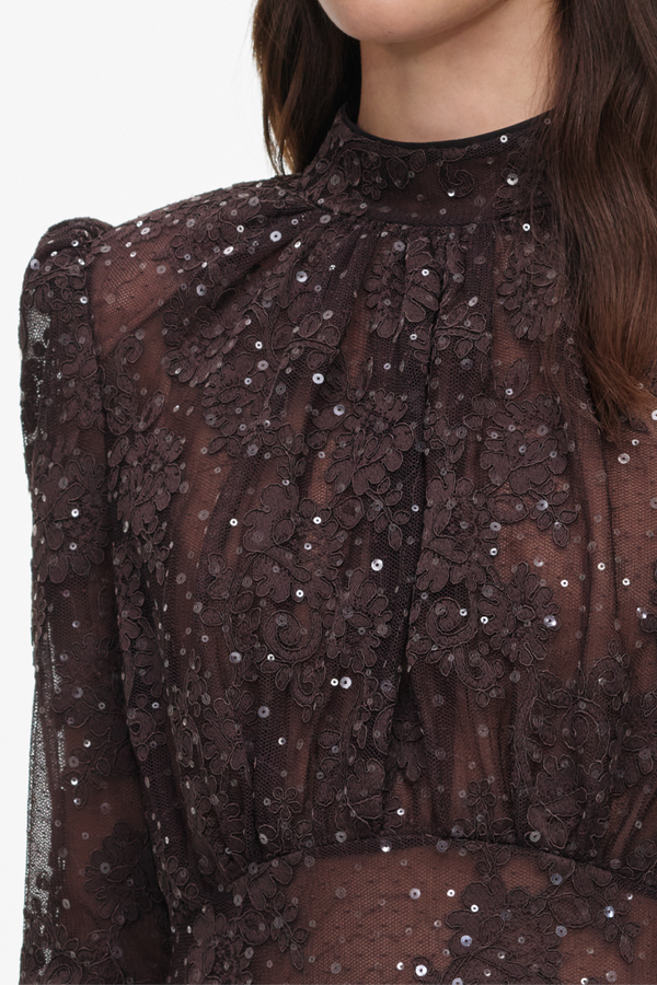 Brown Sequin Lace Maxi Dress