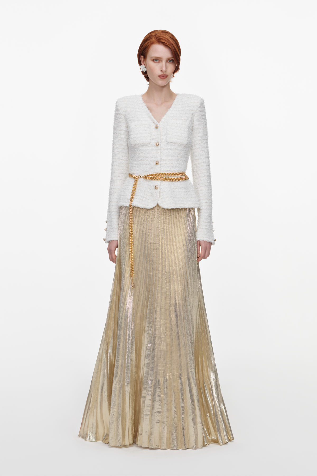 Cream Textured Knit Metallic Chiffon Maxi Dress