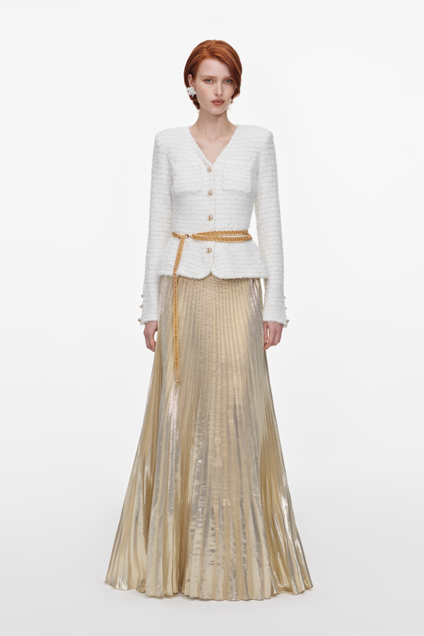 Cream Textured Knit Metallic Chiffon Maxi Dress