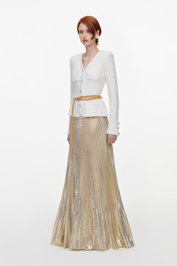 Cream Textured Knit Metallic Chiffon Maxi Dress