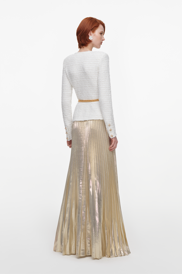 Cream Textured Knit Metallic Chiffon Maxi Dress