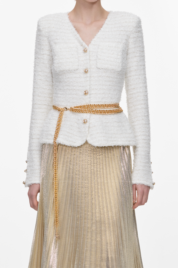 Cream Textured Knit Metallic Chiffon Maxi Dress
