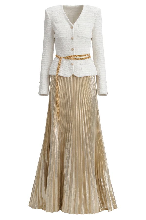 Cream Textured Knit Metallic Chiffon Maxi Dress