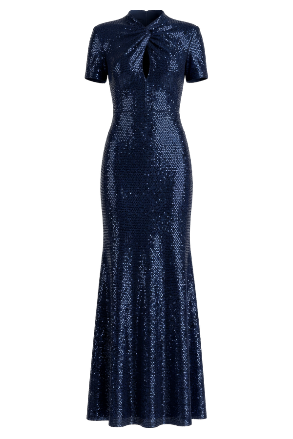 Navy Rhinestone Mesh Twist Maxi Dress