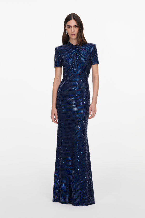 Navy Rhinestone Mesh Twist Maxi Dress
