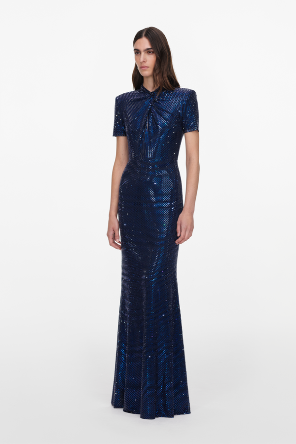 Navy Rhinestone Mesh Twist Maxi Dress