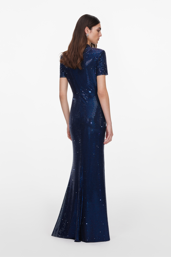 Navy Rhinestone Mesh Twist Maxi Dress