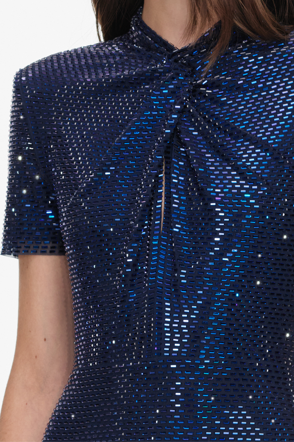 Navy Rhinestone Mesh Twist Maxi Dress