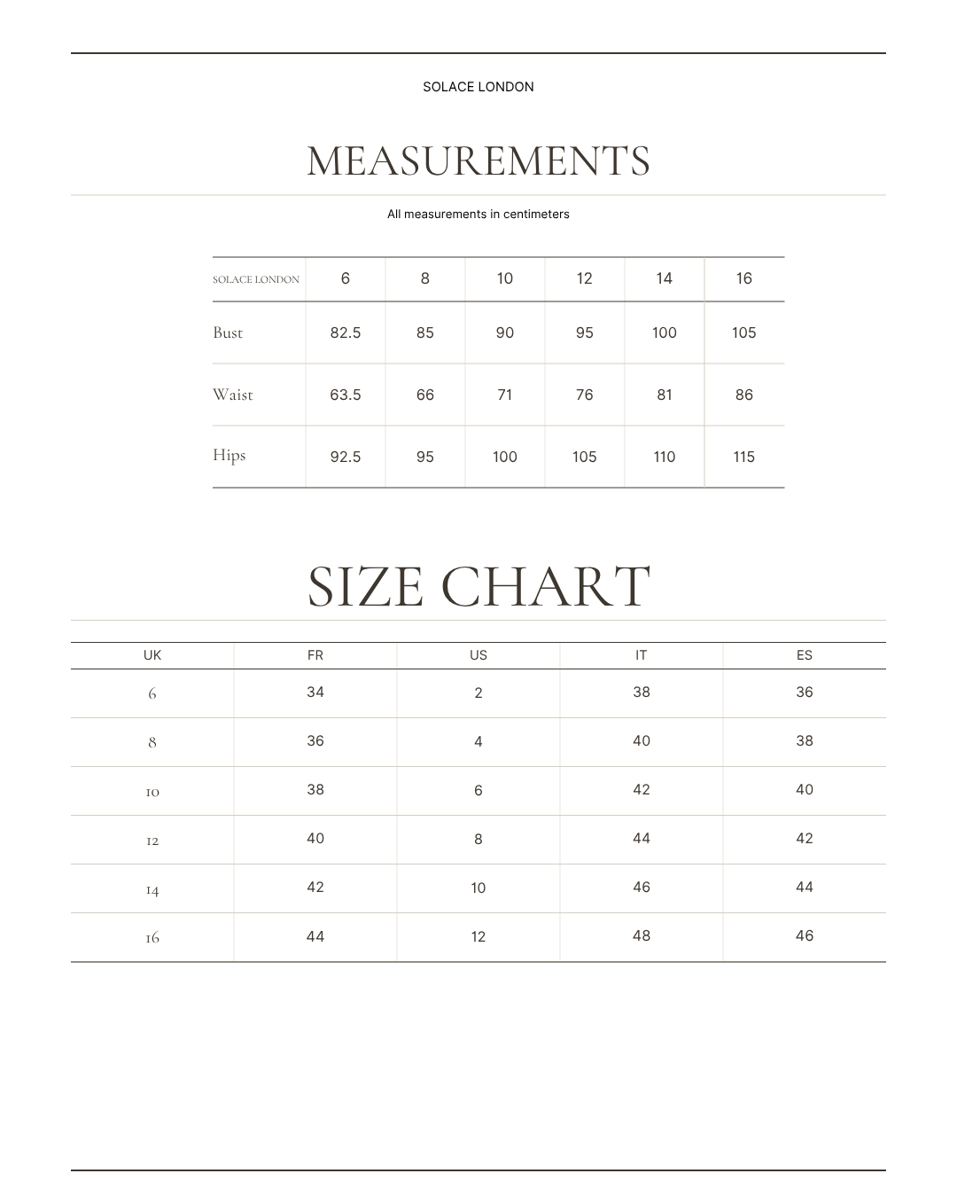 SOLACE LONDON size chart