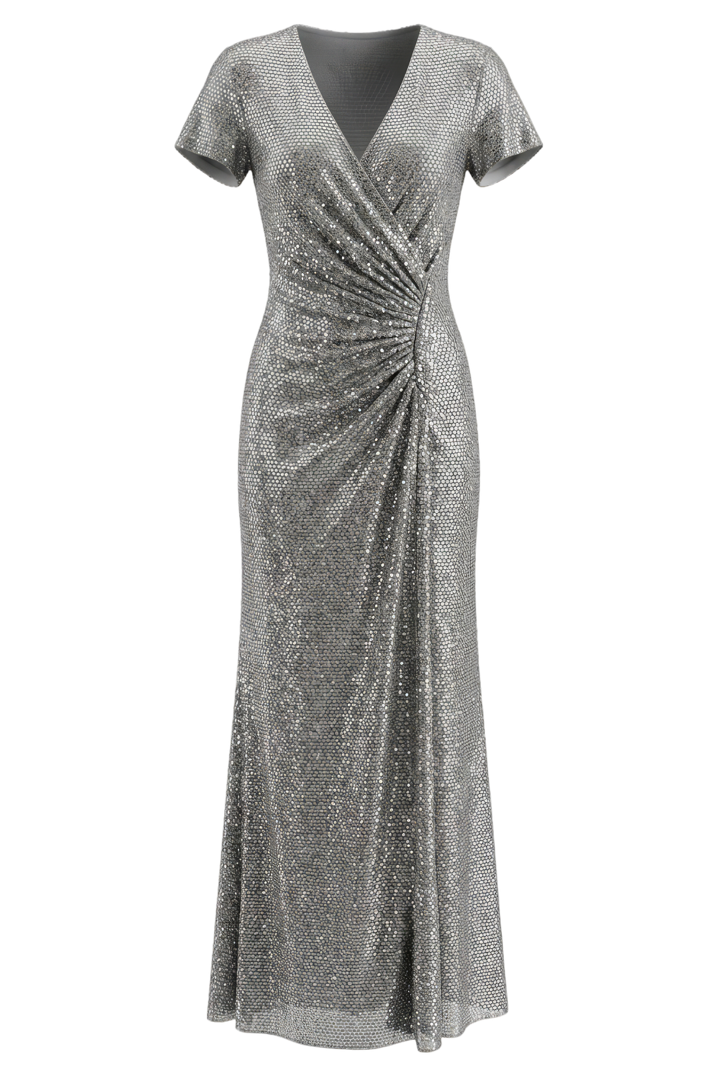 Grey Rhinestone Mesh Wrap Maxi Dress