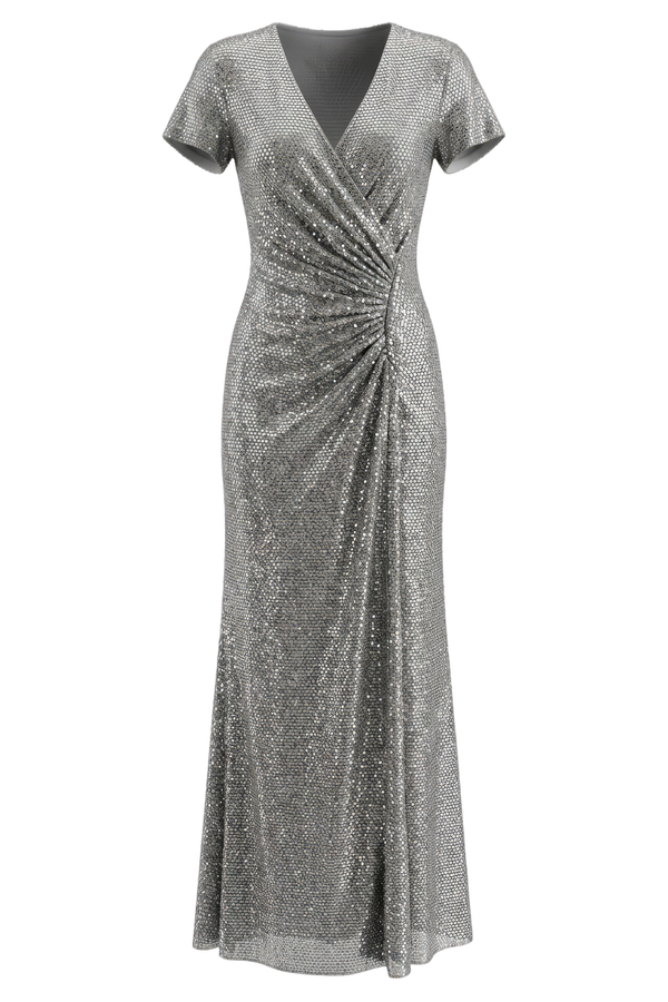 Grey Rhinestone Mesh Wrap Maxi Dress