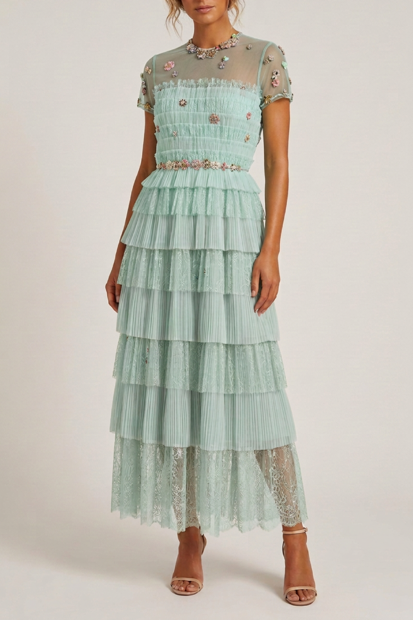 Green Samie Tiered Lace Midi Dress with Embellished Florals