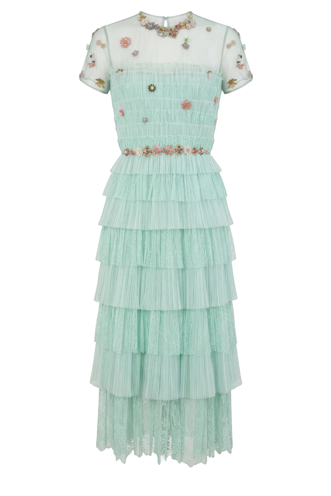 Green Samie Tiered Lace Midi Dress with Embellished Florals