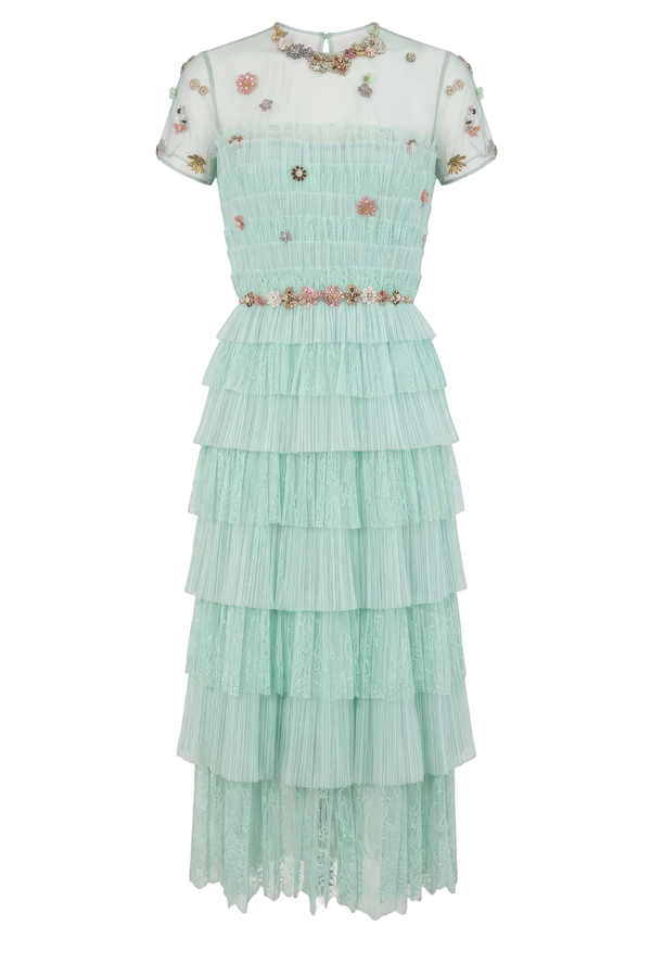 Green Samie Tiered Lace Midi Dress with Embellished Florals