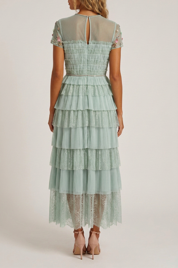 Green Samie Tiered Lace Midi Dress with Embellished Florals