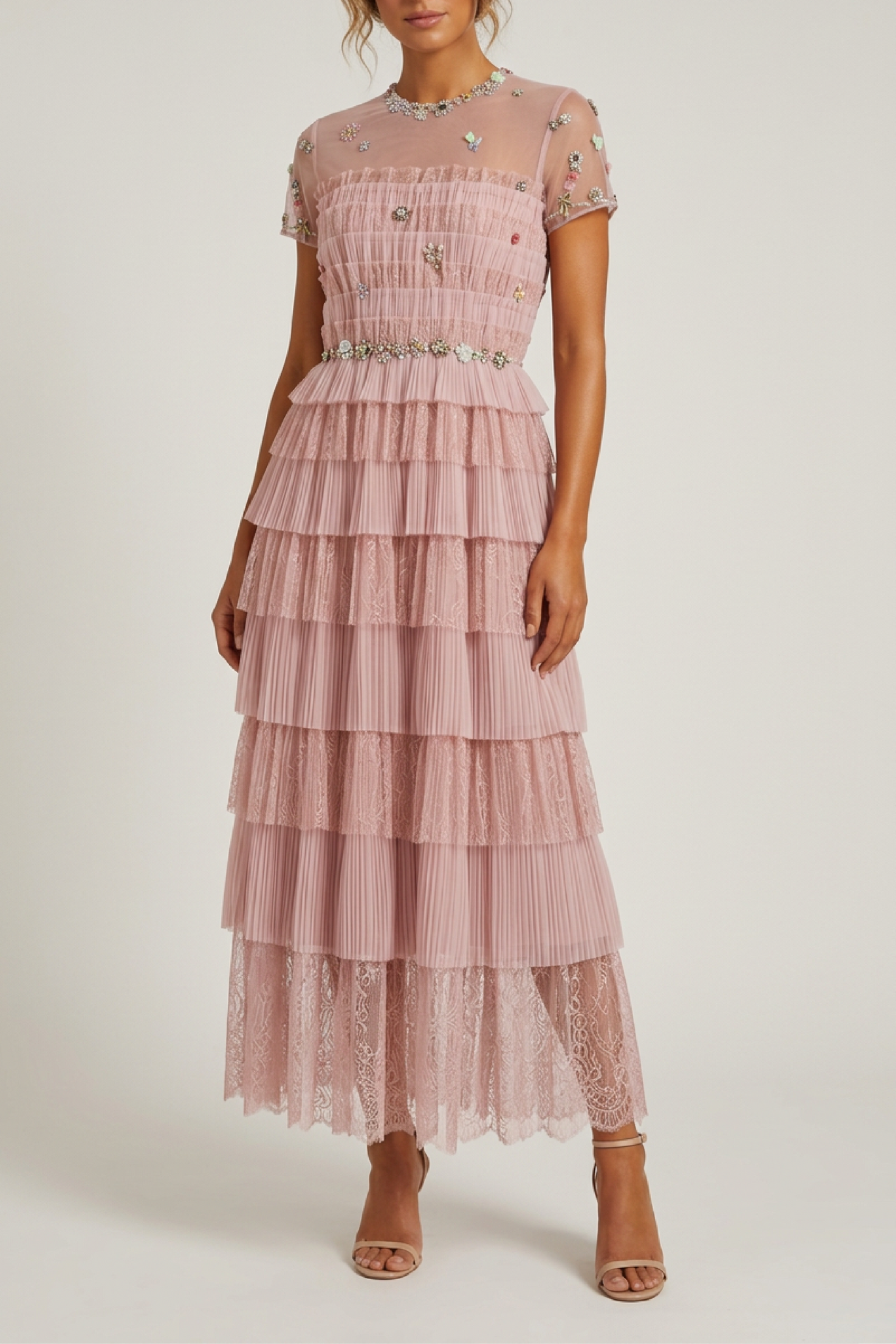 Samie Tiered Lace Midi Dress with Embellished Florals