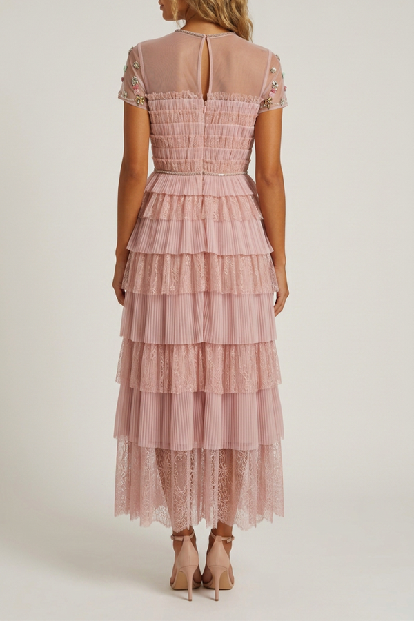 Samie Tiered Lace Midi Dress with Embellished Florals