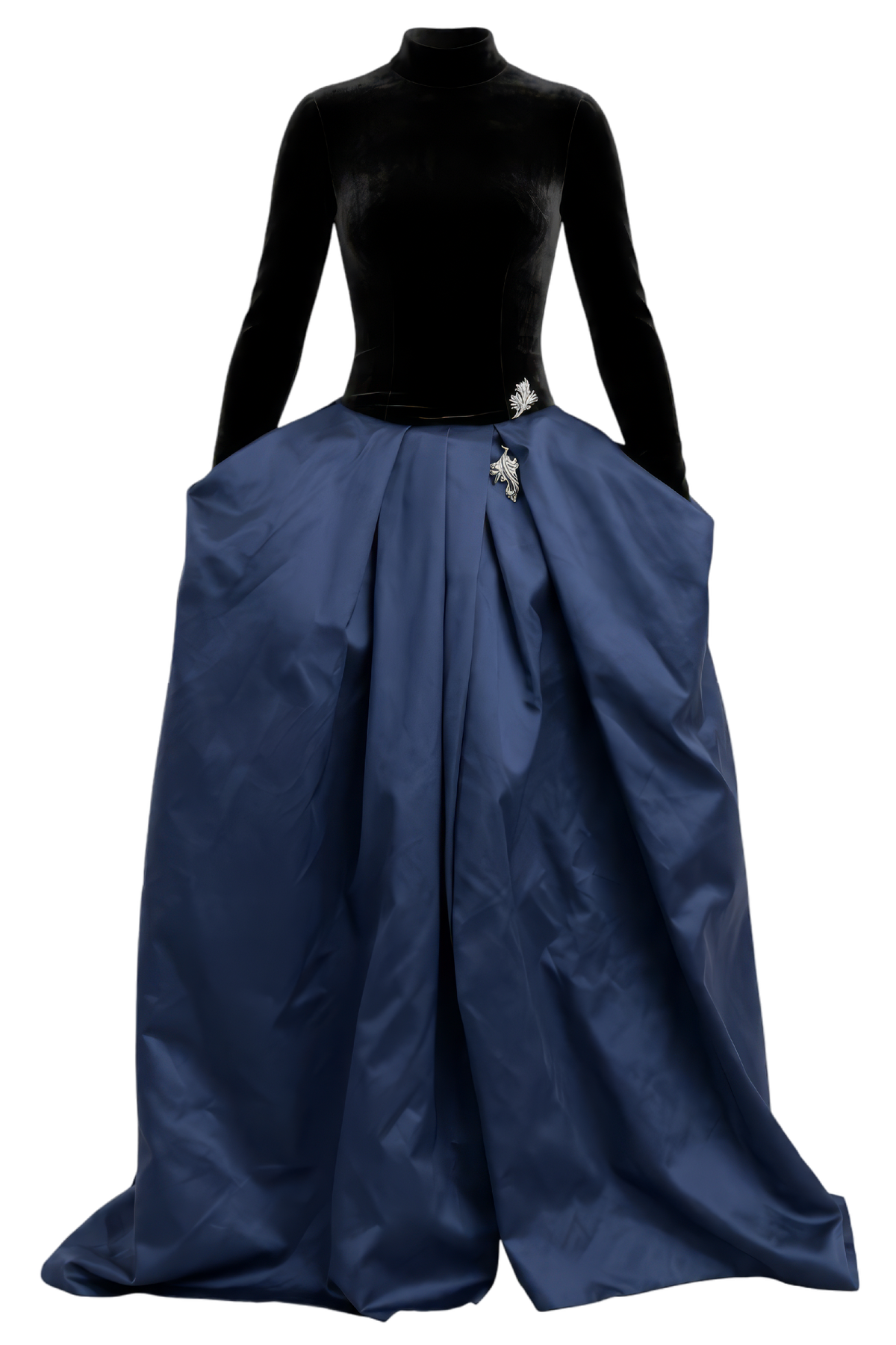 Velvet Duchesse Satin Drop Waist Gown with Open Cowl Back