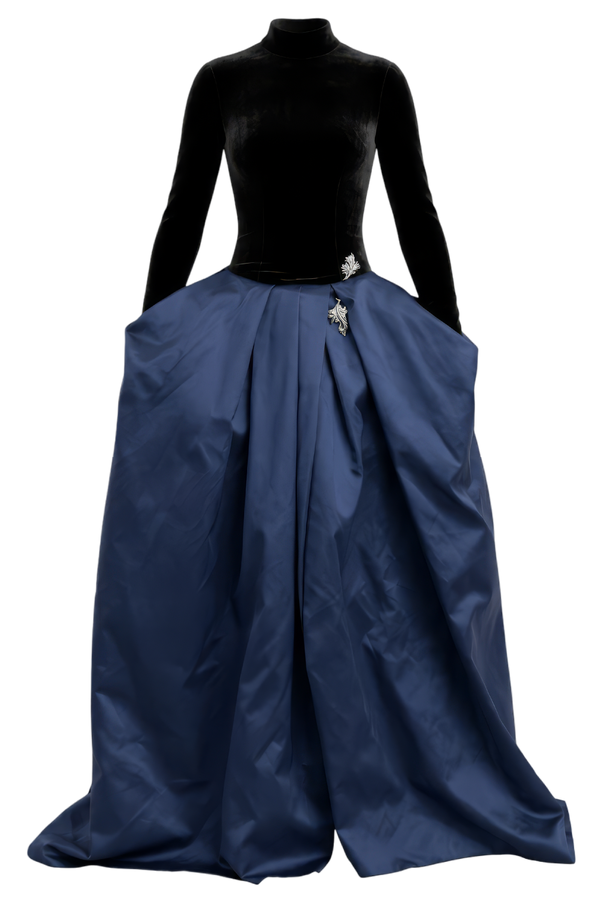 Velvet Duchesse Satin Drop Waist Gown with Open Cowl Back