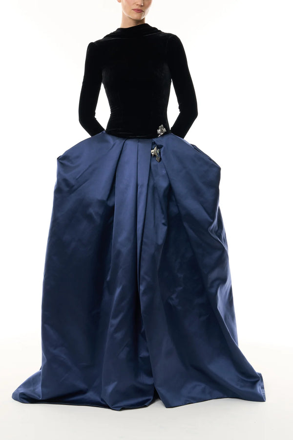 Velvet Duchesse Satin Drop Waist Gown with Open Cowl Back