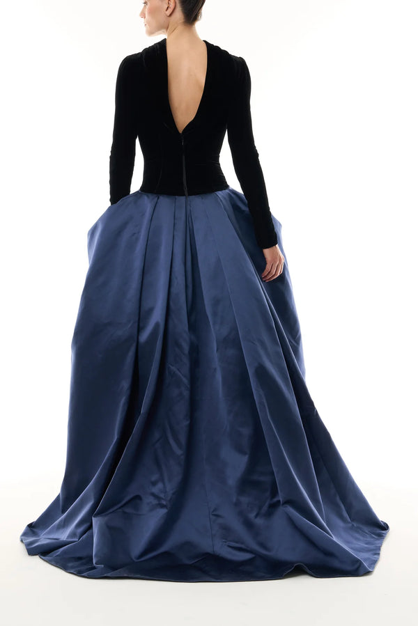 Velvet Duchesse Satin Drop Waist Gown with Open Cowl Back
