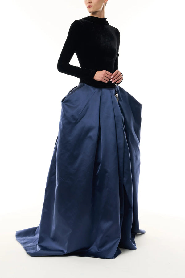 Velvet Duchesse Satin Drop Waist Gown with Open Cowl Back