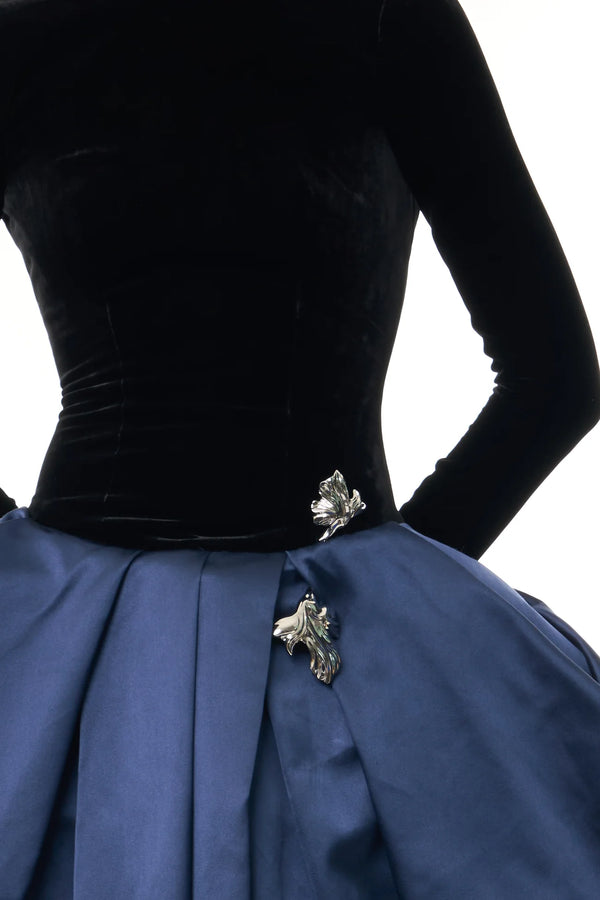 Velvet Duchesse Satin Drop Waist Gown with Open Cowl Back