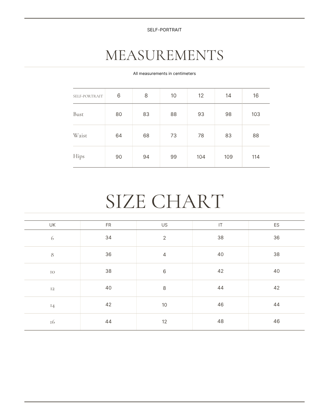 SELF-PORTRAIT size chart