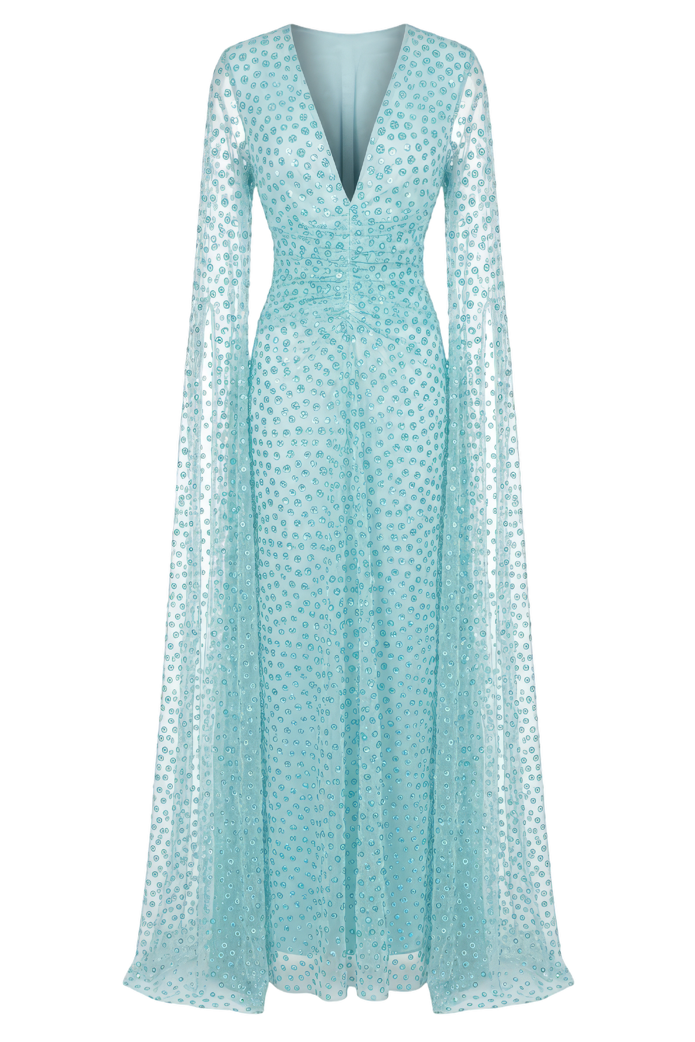 Sequin-Embellished Silk Gown with Cape Sleeves