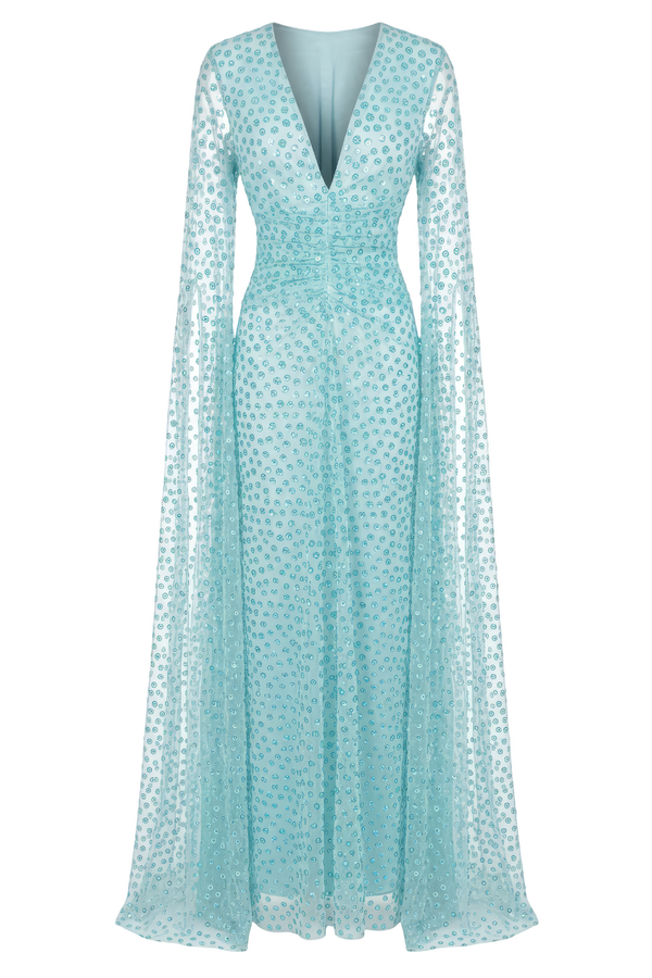 Sequin-Embellished Silk Gown with Cape Sleeves