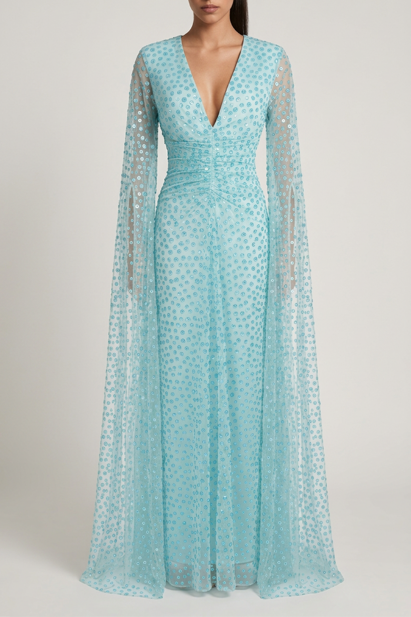 Sequin-Embellished Silk Gown with Cape Sleeves