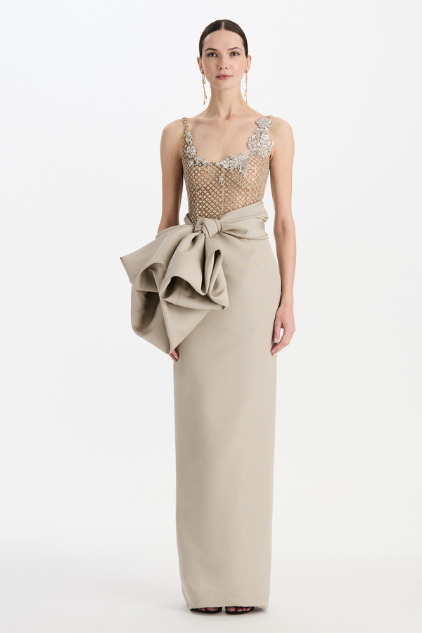Sleeveless Crystal Embroidered Draped Faille Gown