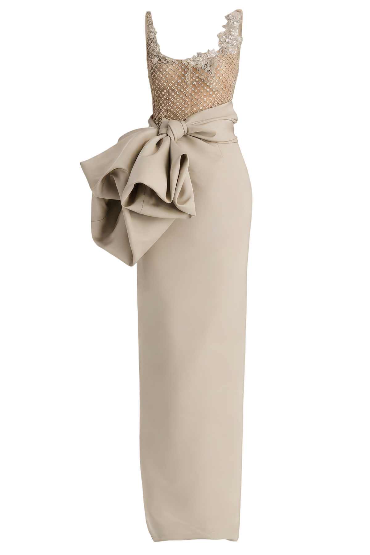 Sleeveless Crystal Embroidered Draped Faille Gown