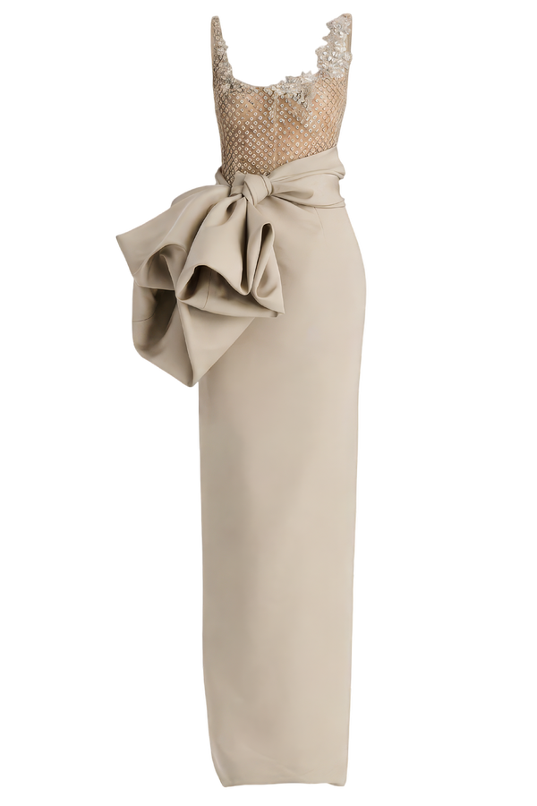 Sleeveless Crystal Embroidered Draped Faille Gown