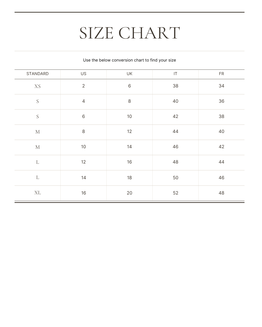 CRISTALLINI size chart