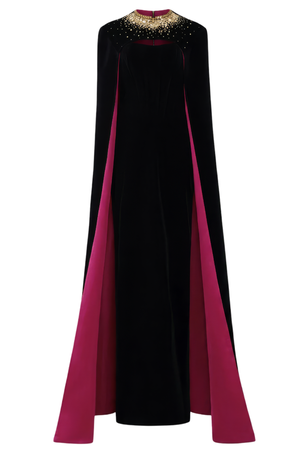 Strapless Burstier Black Velvet Gown with Long Cape