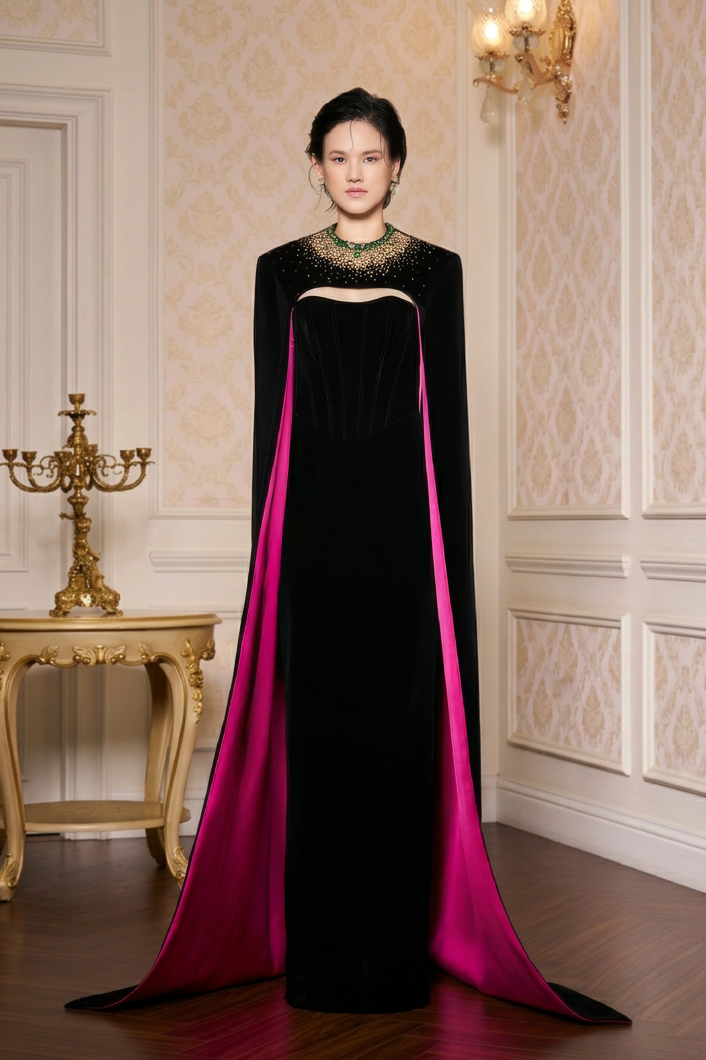 Strapless Burstier Black Velvet Gown with Long Cape