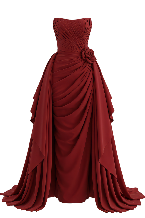 Strapless Chiffon Dress with Ruching and Flower Detail