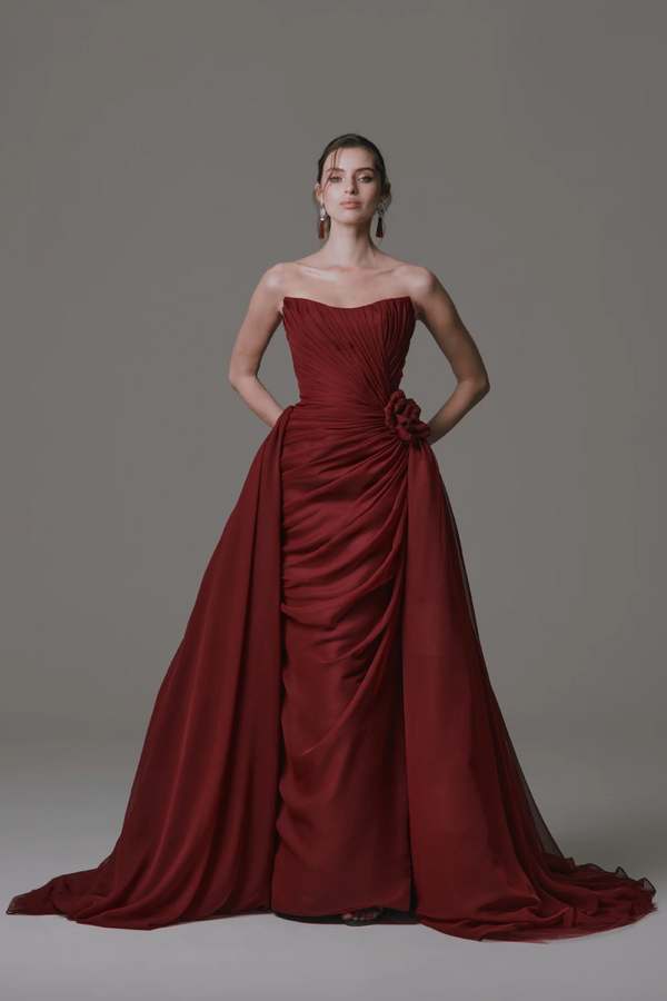 Strapless Chiffon Dress with Ruching and Flower Detail
