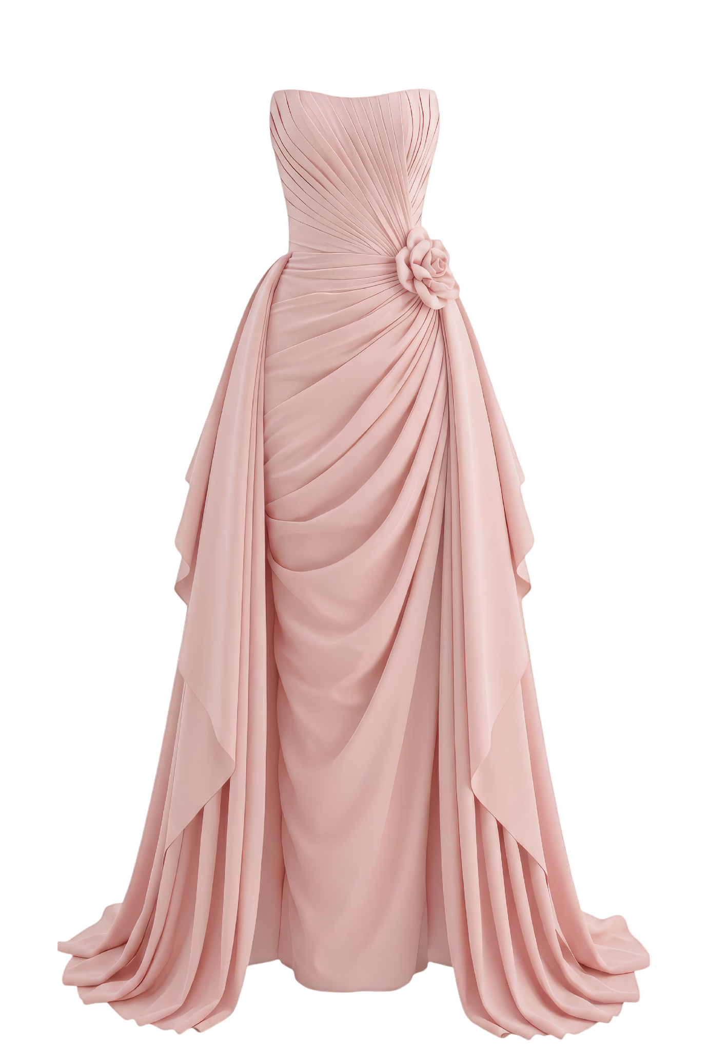 Pink Strapless Chiffon Dress with Ruching and Flower Detail