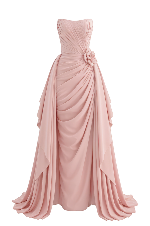 Pink Strapless Chiffon Dress with Ruching and Flower Detail