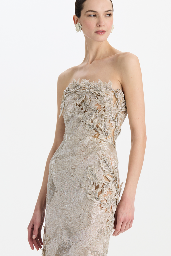 Strapless Cut Out Intarsia Leaves Cocktail Dress