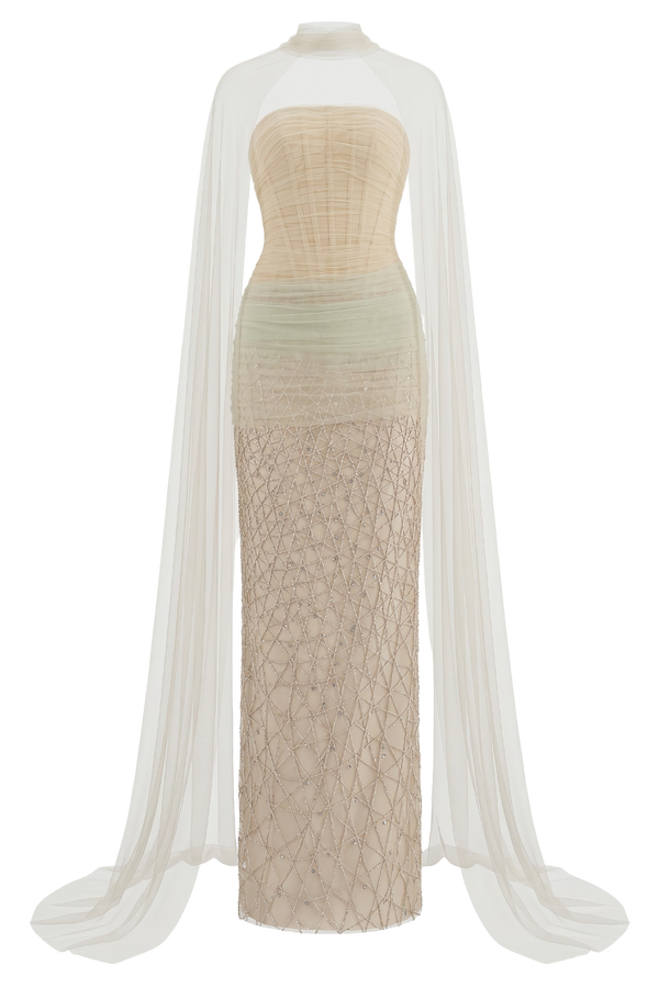 Draped Strapless Gown with Tulle Cape