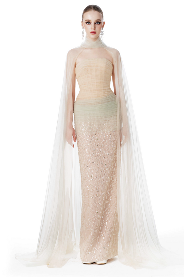 Draped Strapless Gown with Tulle Cape