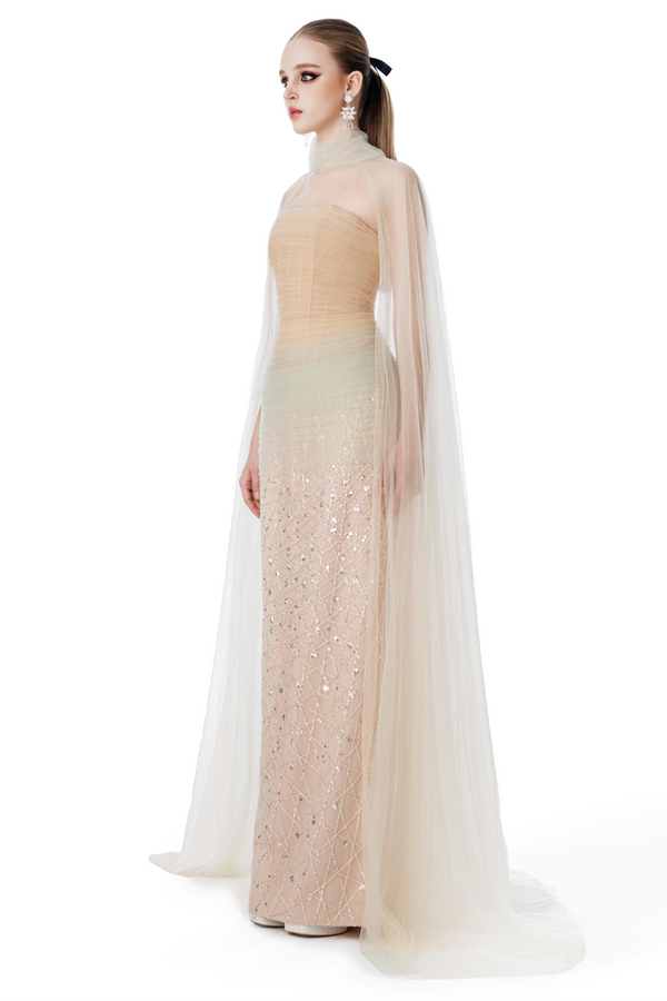 Draped Strapless Gown with Tulle Cape