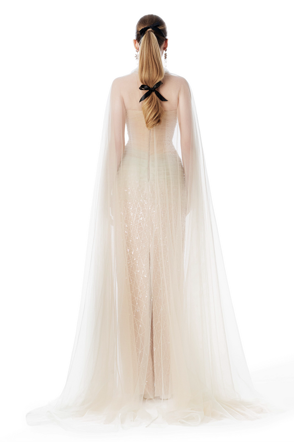Draped Strapless Gown with Tulle Cape