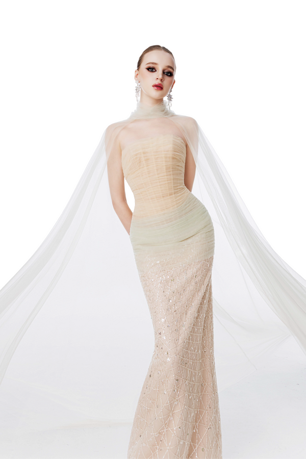 Draped Strapless Gown with Tulle Cape