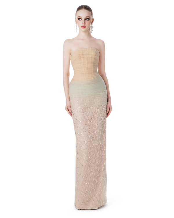 Draped Strapless Gown with Tulle Cape